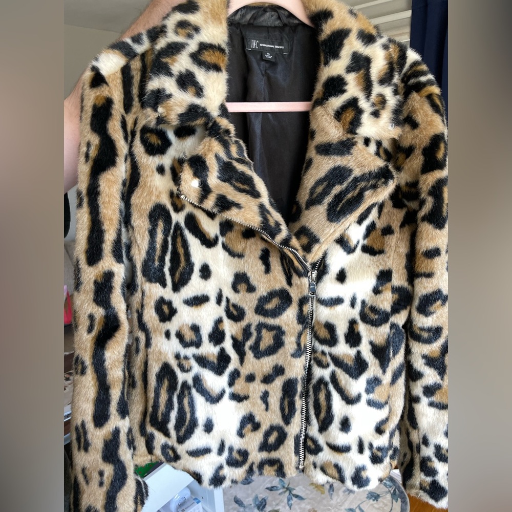 INC International Concepts Leopard Print Faux Fur Jacket in Tan, Black, White